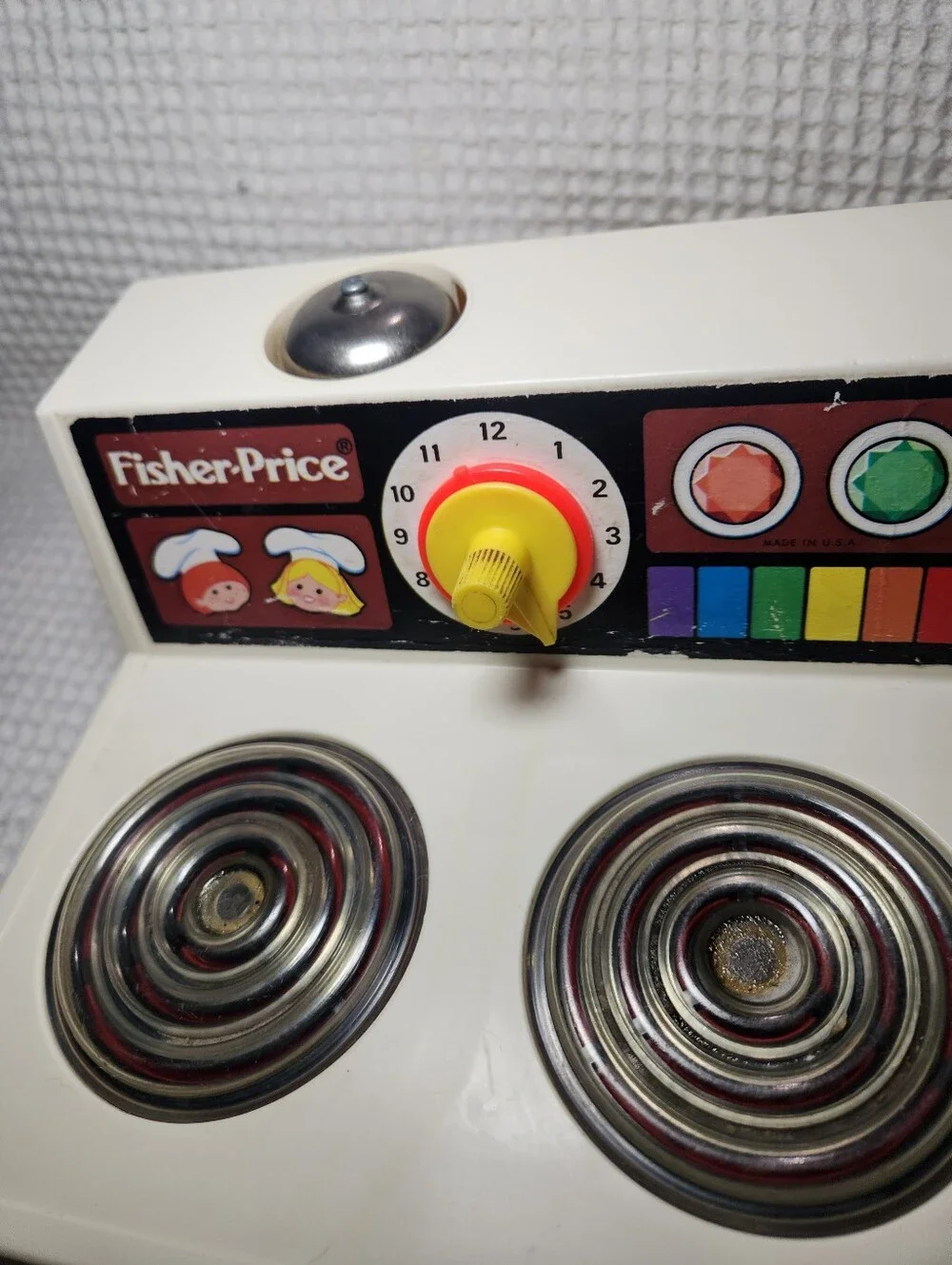 Fisher-Price Vintage Toy Stove in White with Yellow Accents
